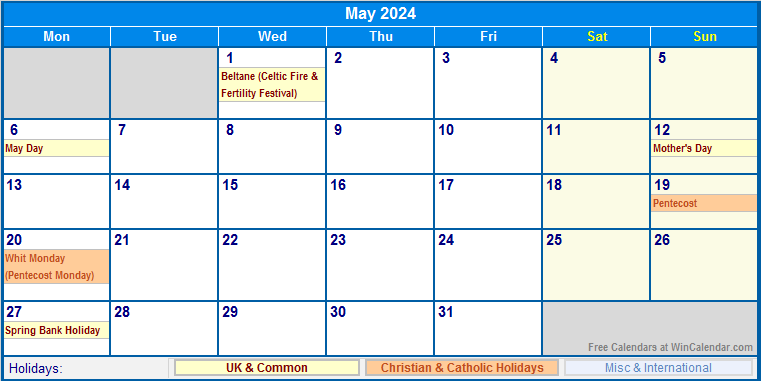 May 2024 Printable Calendar with UK, Christian, & International Holidays