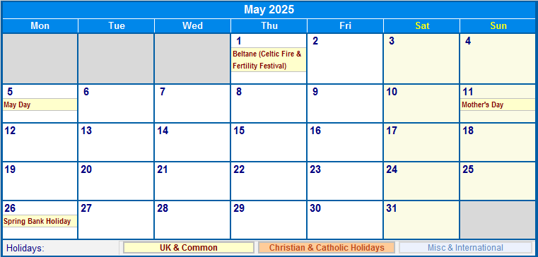 May 2025 UK Calendar with Holidays for printing (image format)