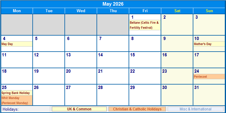 May 2026 Printable Calendar with UK, Christian, & International Holidays