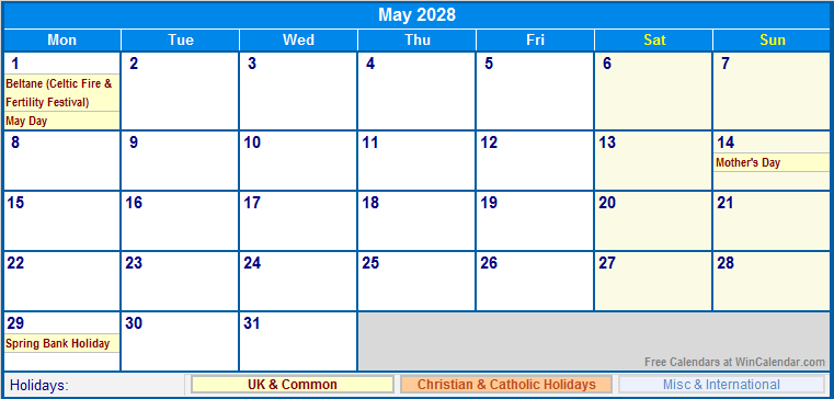 May 2028 Printable Calendar with UK, Christian, & International Holidays