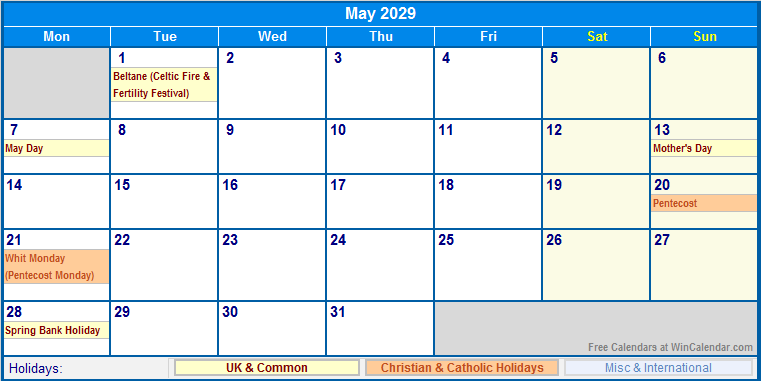 May 2029 Printable Calendar with UK, Christian, & International Holidays