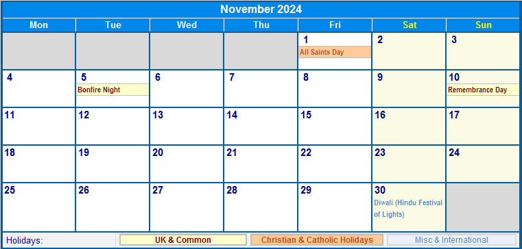 November 2024 UK Calendar With Holidays For Printing image Format 