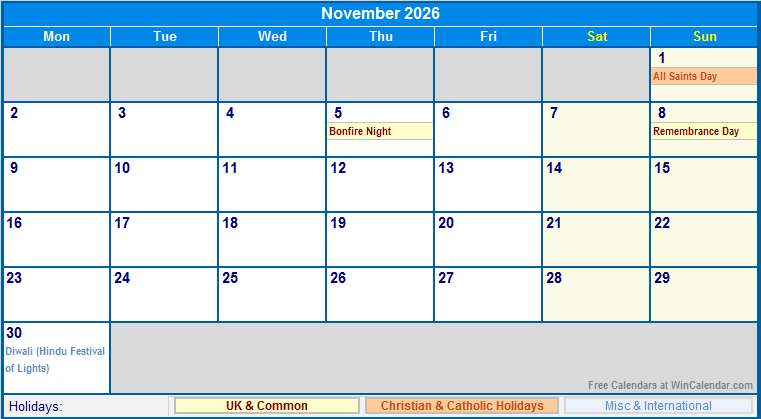 November 2026 Printable Calendar with UK, Christian, & International Holidays