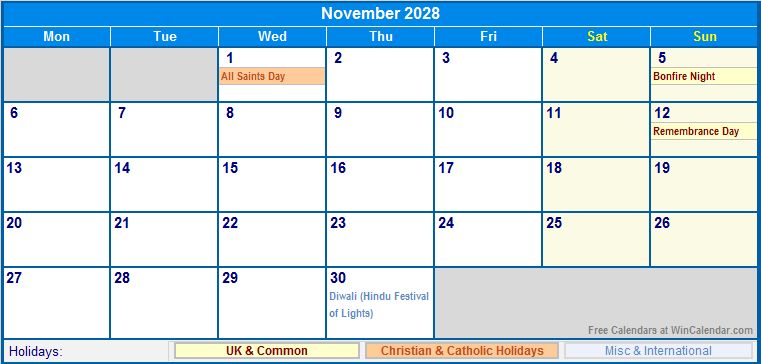 November 2028 Printable Calendar with UK, Christian, & International Holidays