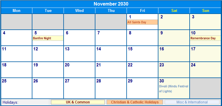 November 2030 Printable Calendar with UK, Christian, & International Holidays