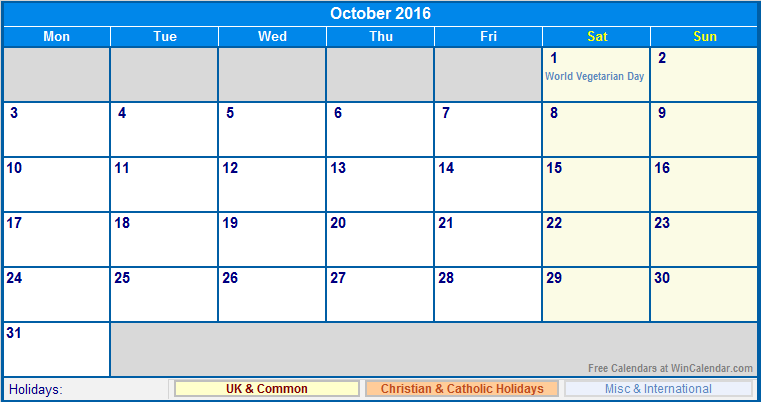 October 2016 UK Calendar with Holidays for printing (image format)