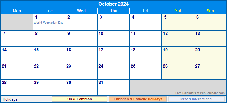 October 2024 UK Calendar with Holidays for printing (image format)