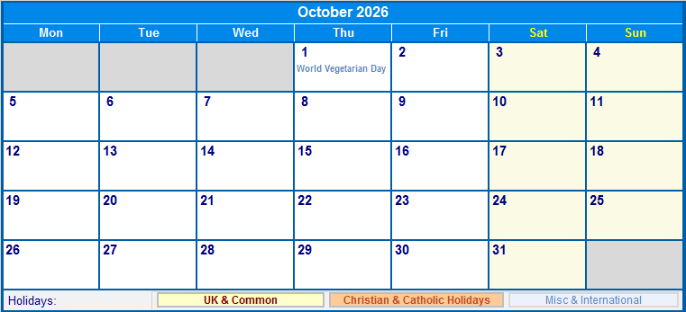 October 2026 Printable Calendar with UK, Christian, & International Holidays