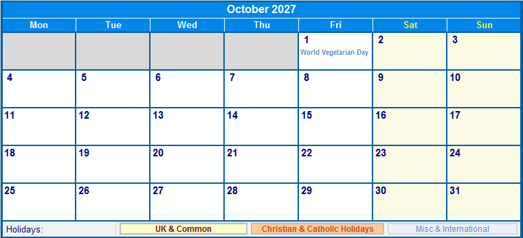 October 2027 Printable Calendar with UK, Christian, & International Holidays