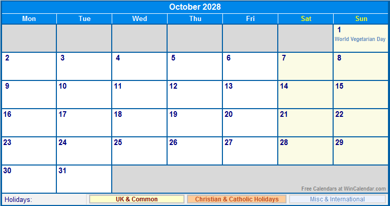 October 2028 Printable Calendar with UK, Christian, & International Holidays