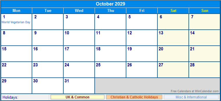 October 2029 Printable Calendar with UK, Christian, & International Holidays