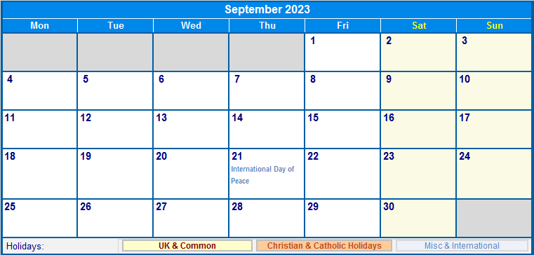 September 2023 Printable Calendar with UK, Christian, & International Holidays