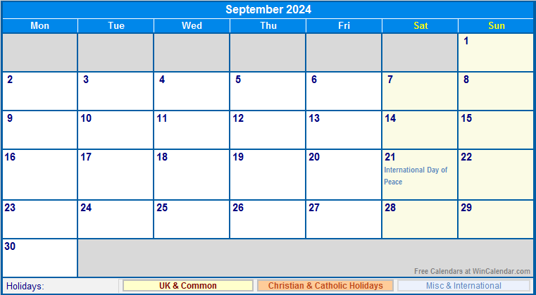 September 2024 UK Calendar with Holidays for printing (image format)
