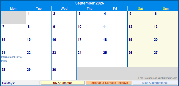 September 2026 UK Calendar With Holidays For Printing image Format September 2026 UK Calendar With Holidays For Printing image Format
