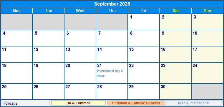 September 2028 Printable Calendar with UK, Christian, & International Holidays