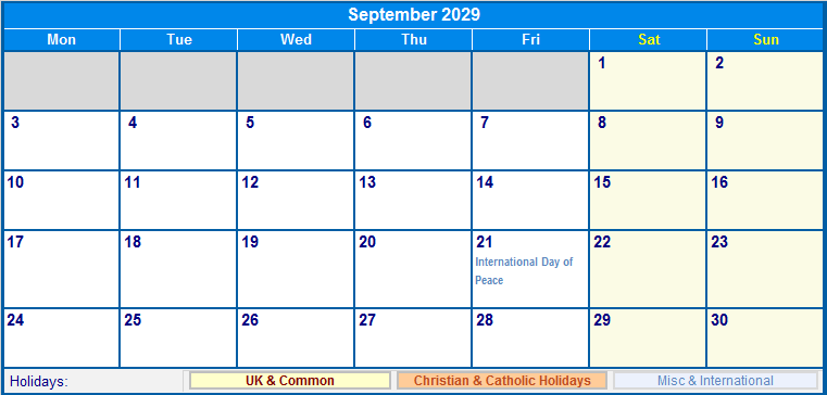 September 2029 Printable Calendar with UK, Christian, & International Holidays