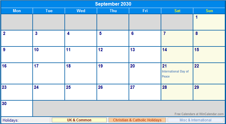 September 2030 Printable Calendar with UK, Christian, & International Holidays