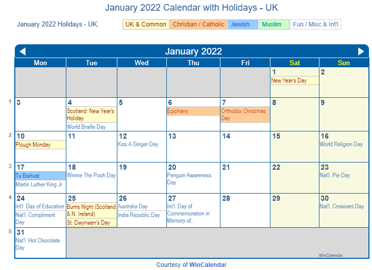 January 2022 Calendar with UK Holidays to Print