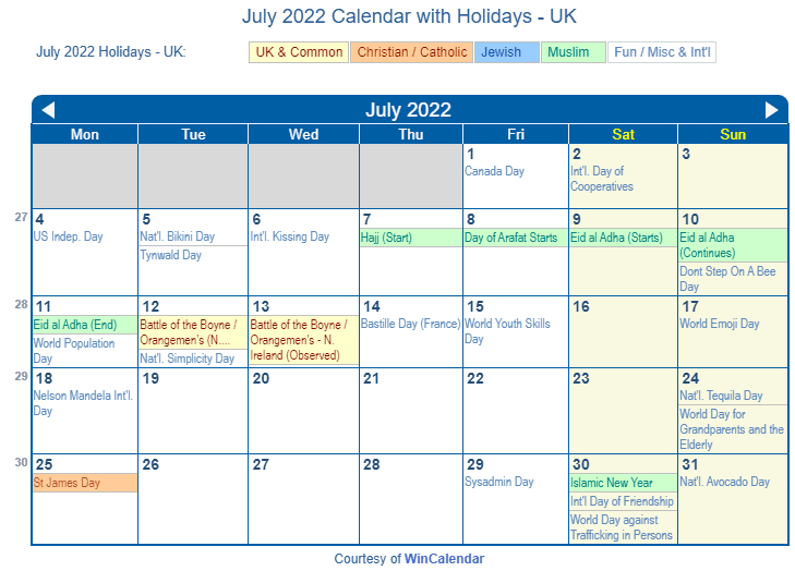 July 2022 Calendar with UK Holidays to Print