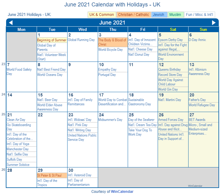 Print Friendly June 2021 UK Calendar for printing