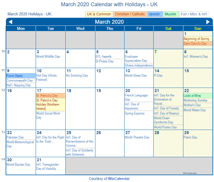 Print Friendly March 2020 UK Calendar For Printing