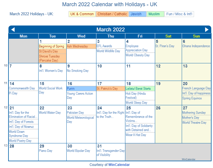 March 2022 Calendar with UK Holidays to Print