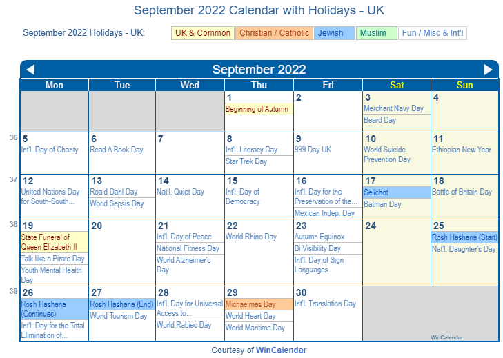 Print Friendly September 2022 UK Calendar for printing