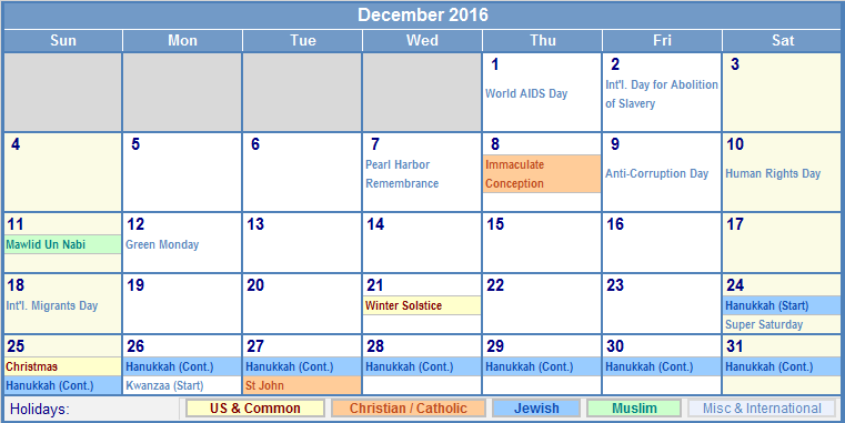 December 2016 US Calendar with Holidays for printing (image format)