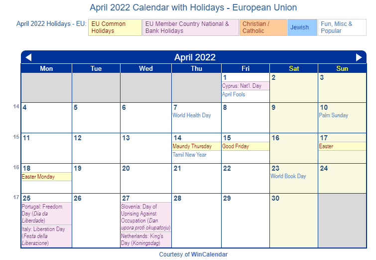 April 2022 Calendar with EU Holidays to Print