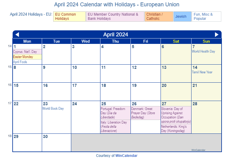 April 2024 Calendar with EU Holidays to Print