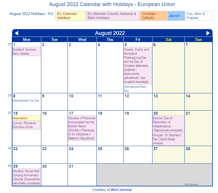 August 2022 Calendar with EU Holidays to Print