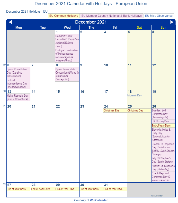 December 2021 Calendar with EU Holidays to Print