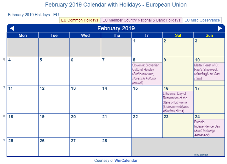 Print Friendly February 2019 EU Calendar For Printing