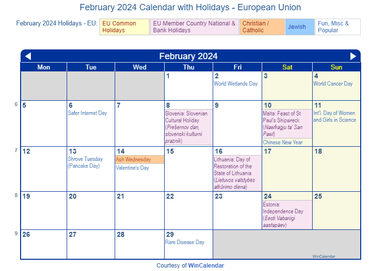February 2024 Calendar with EU Holidays to Print