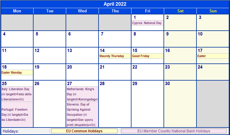 april 2022 eu calendar with holidays for printing image