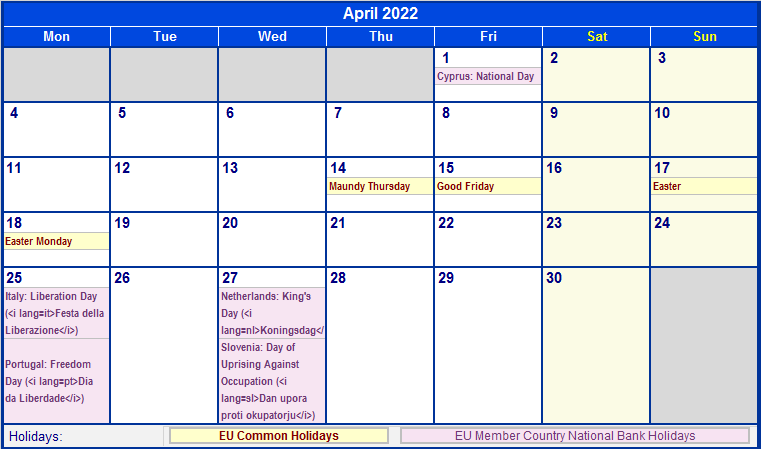 April 2022 EU Calendar With Holidays For Printing image Format April 2022 EU Calendar With Holidays For Printing image Format