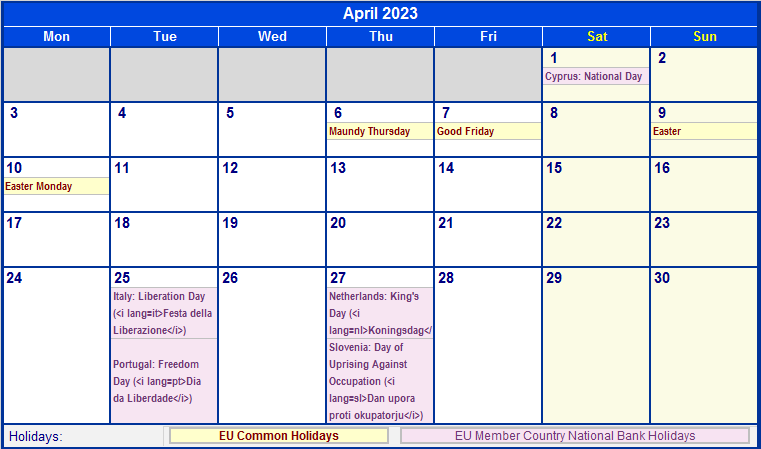 April 2023 Printable Calendar with EU common Holidays & EU Member Country National & Bank Holidays