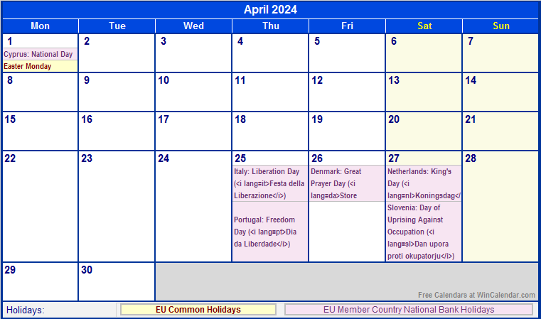 April 2024 Printable Calendar with EU common Holidays & EU Member Country National & Bank Holidays