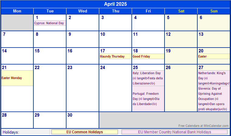 April 2025 EU Calendar with Holidays for printing (image format)