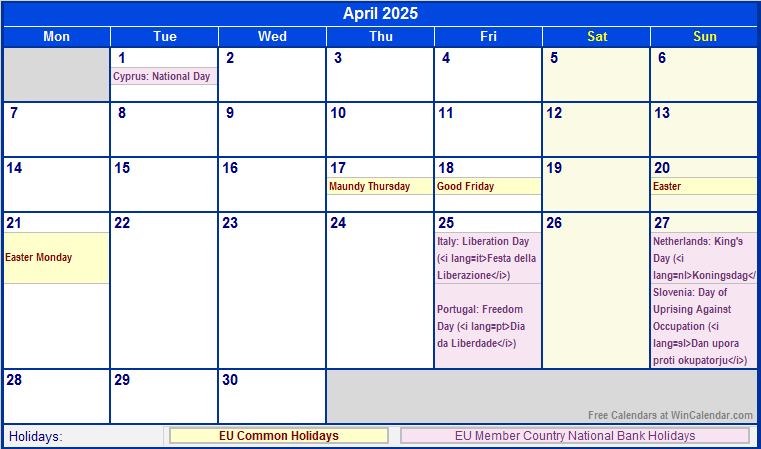 April 2025 EU Calendar With Holidays For Printing image Format 