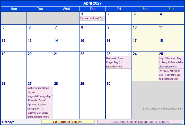 April 2027 EU Calendar with Holidays for printing (image format)