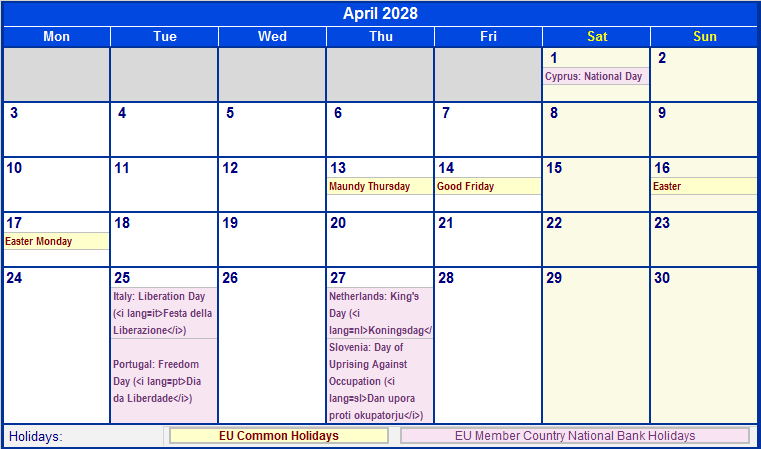 April 2028 Printable Calendar with EU common Holidays & EU Member Country National & Bank Holidays