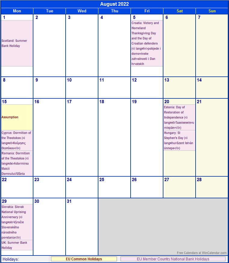 August 2022 EU Calendar With Holidays For Printing image Format 