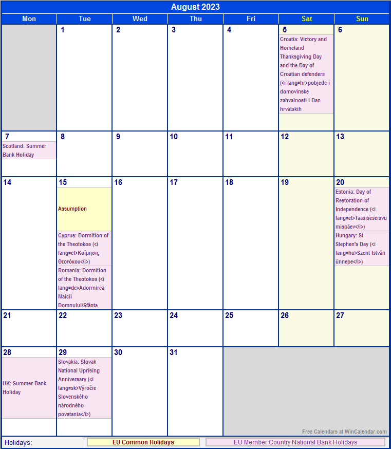 August 2023 Printable Calendar with EU common Holidays & EU Member Country National & Bank Holidays