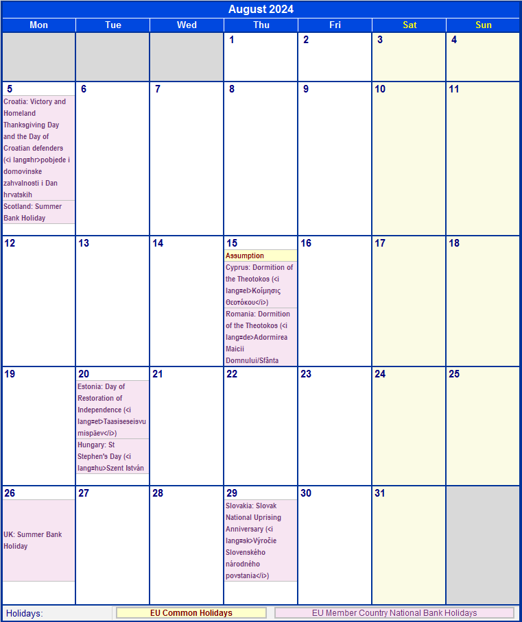 August 2024 Printable Calendar with EU common Holidays & EU Member Country National & Bank Holidays