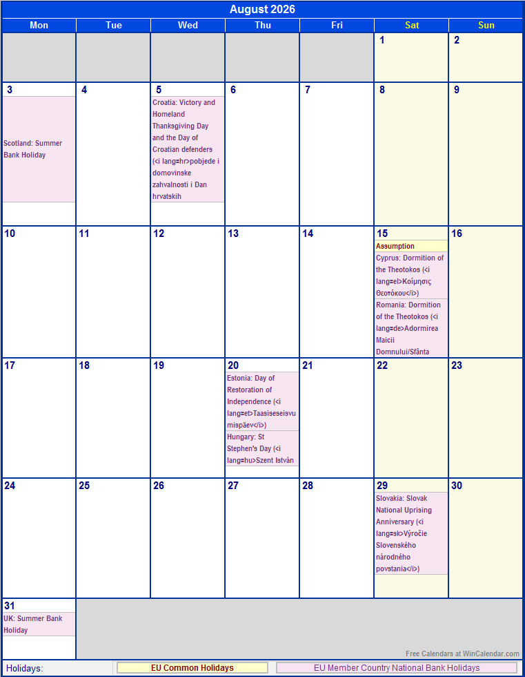 August 2026 Printable Calendar with EU common Holidays & EU Member Country National & Bank Holidays