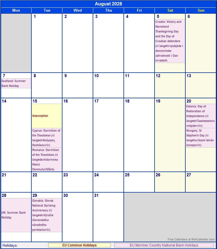 August 2028 Printable Calendar with EU common Holidays & EU Member Country National & Bank Holidays