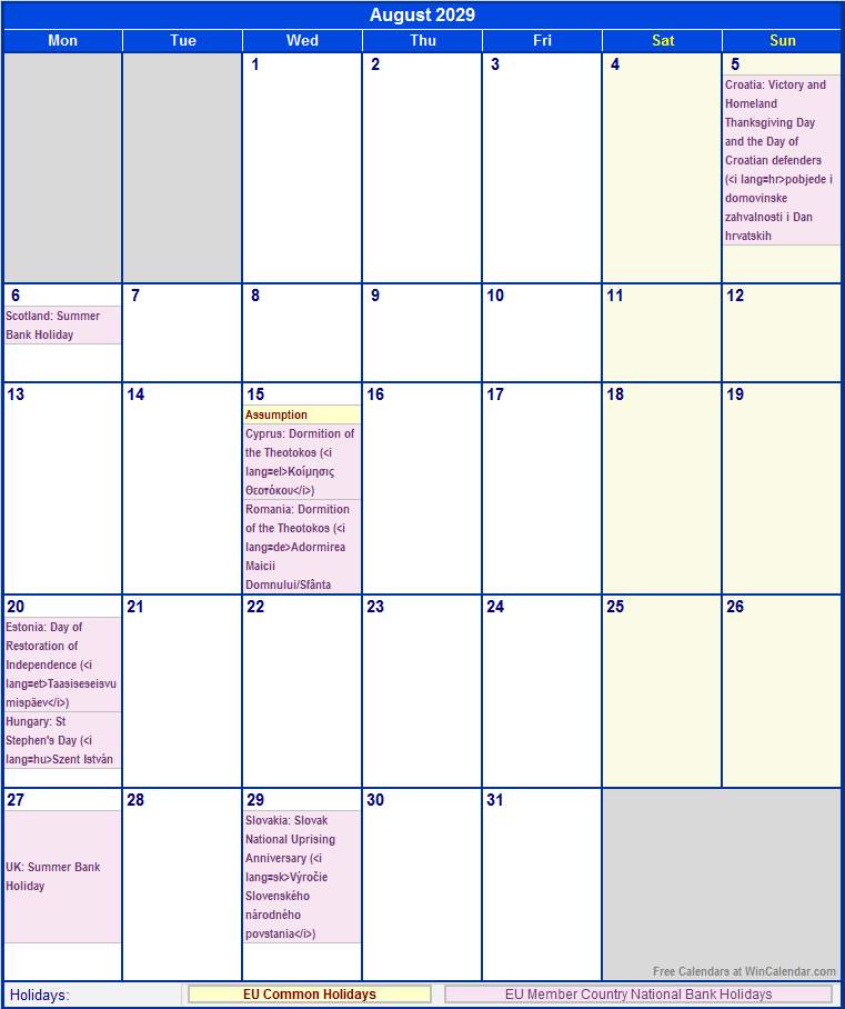 August 2029 Printable Calendar with EU common Holidays & EU Member Country National & Bank Holidays