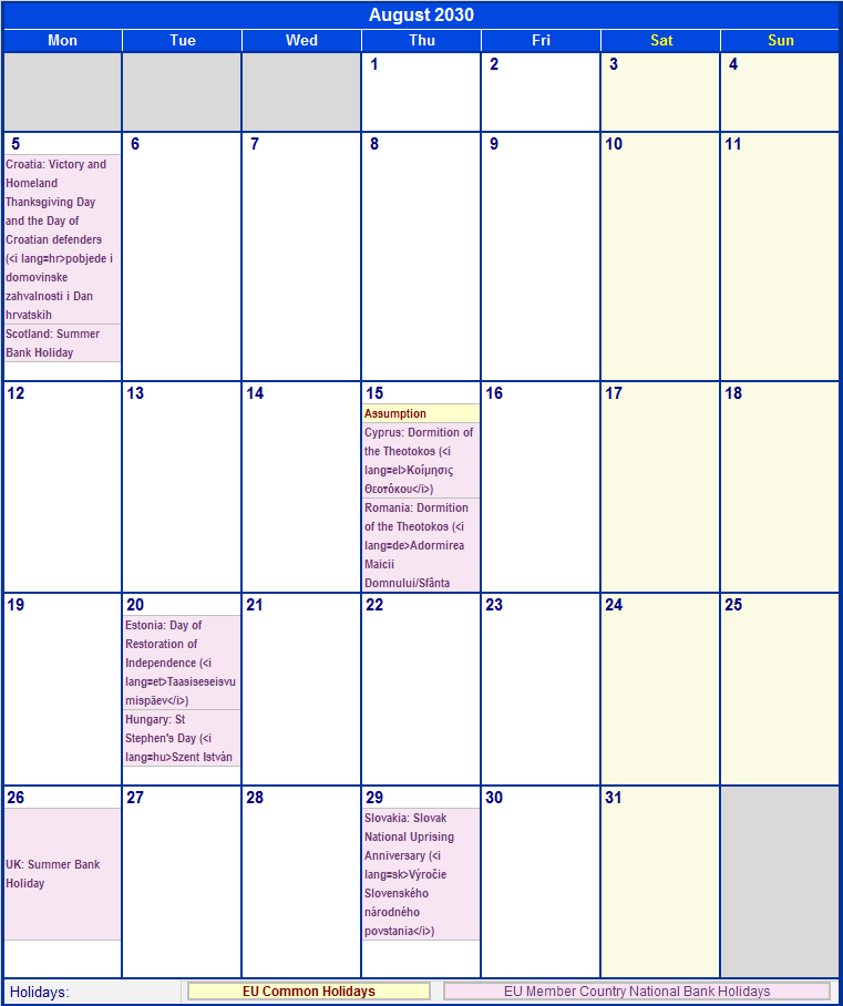 August 2030 Printable Calendar with EU common Holidays & EU Member Country National & Bank Holidays
