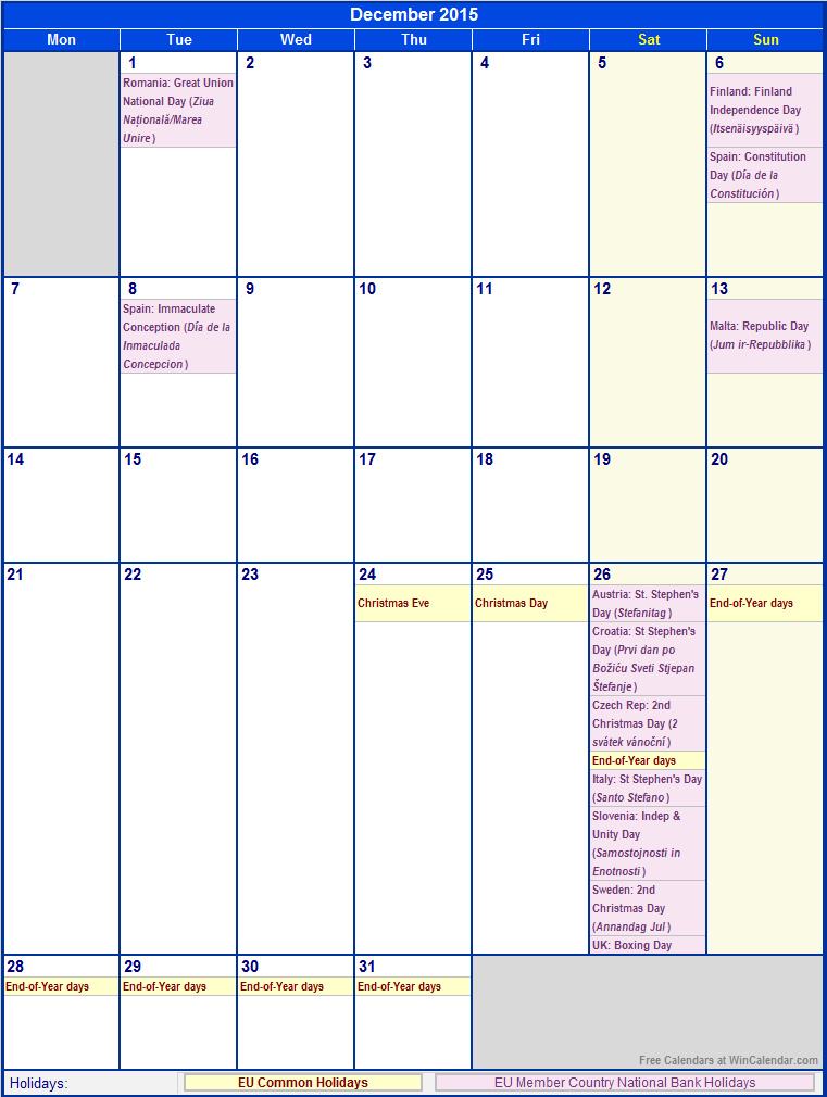 December 2015 Printable Calendar with EU common Holidays & EU Member Country National & Bank Holidays